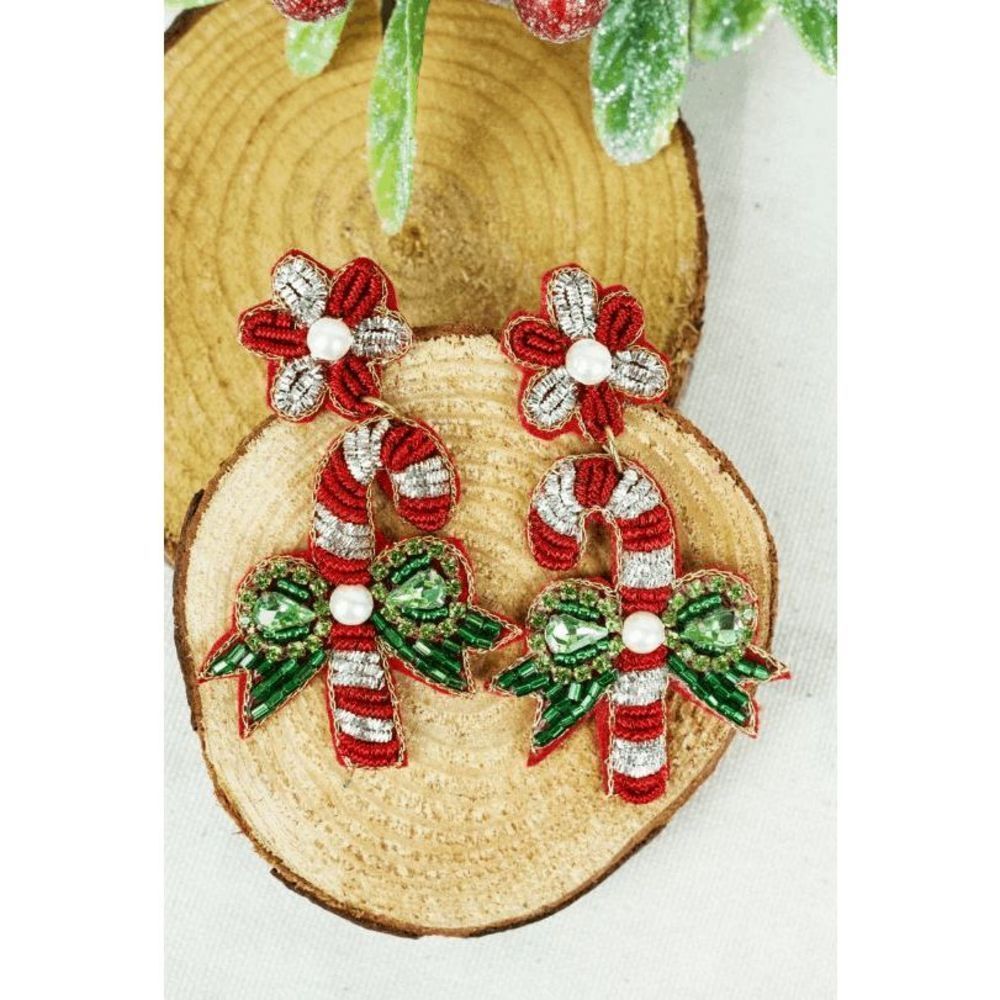 Bejeweled Christmas Bows and Candy Canes Seed Bead Earrings